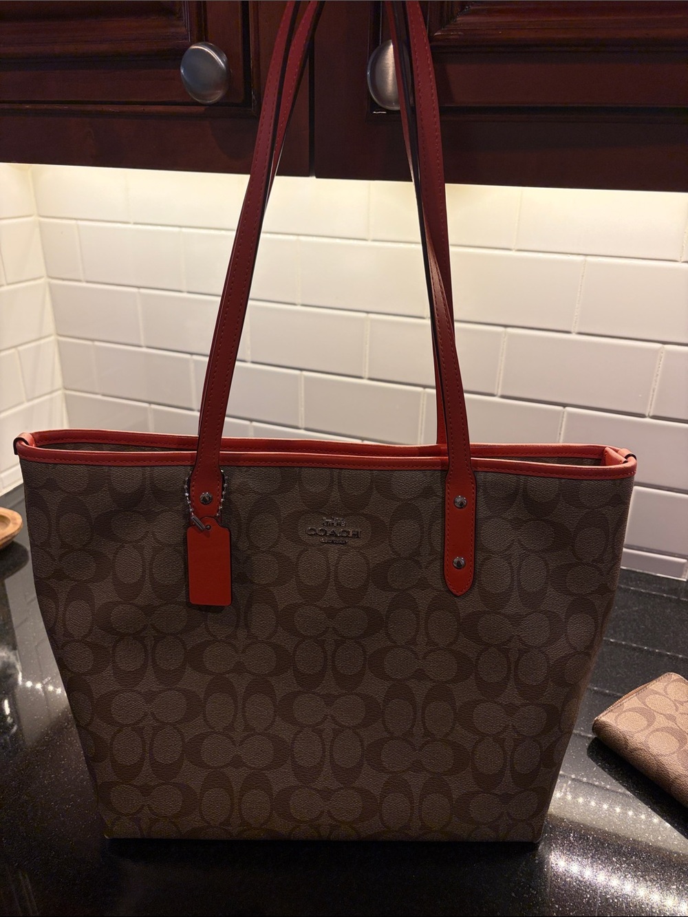 Coach Brown Signature Canvas Tote with Orange Trim